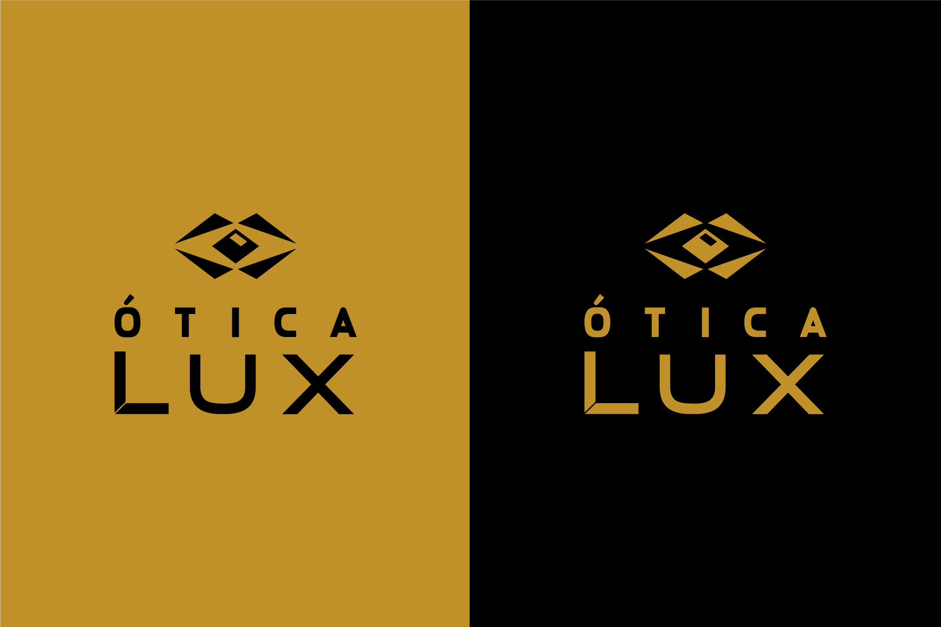 Logo da ótica lux na cor preta em fundo amarelo e na cor amarela em fundo preto